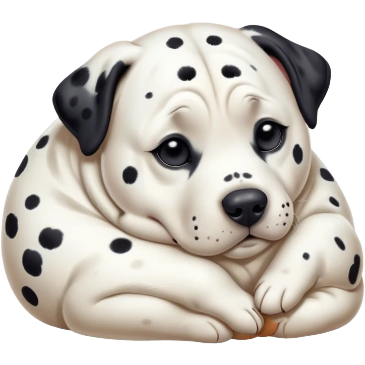 Cinematic Chubby Sleeping Dalmatian Portrait Emoji, Chubby and serene, with a round, plump build and a glossy white coat adorned with distinctive black spots, eyes gently closed in peaceful slumber, Simplified yet irresistibly endearing features, highly detailed, glowing with a gentle, dreamy glow, high shine, relaxed and content, stylized with a touch of whimsy, bright and heartwarming, soft glowing outline, capturing the essence of a blissfully sleepy companion, so comically serene it feels like it could roll out of the screen and snore with adorable charm! emoji