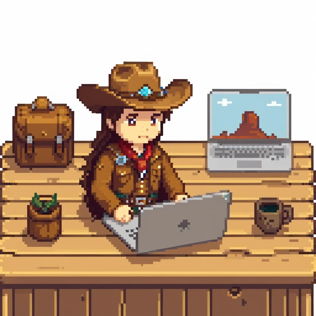 Frontier explorer with cowboy hat using a laptop on a wooden desk emoji