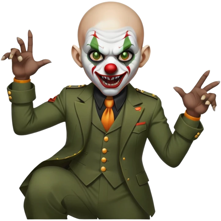 evil clown, bald, short horns from forehead, fangs, pointed ears, black and military green leisure suit, battle-ready fighting posture emoji