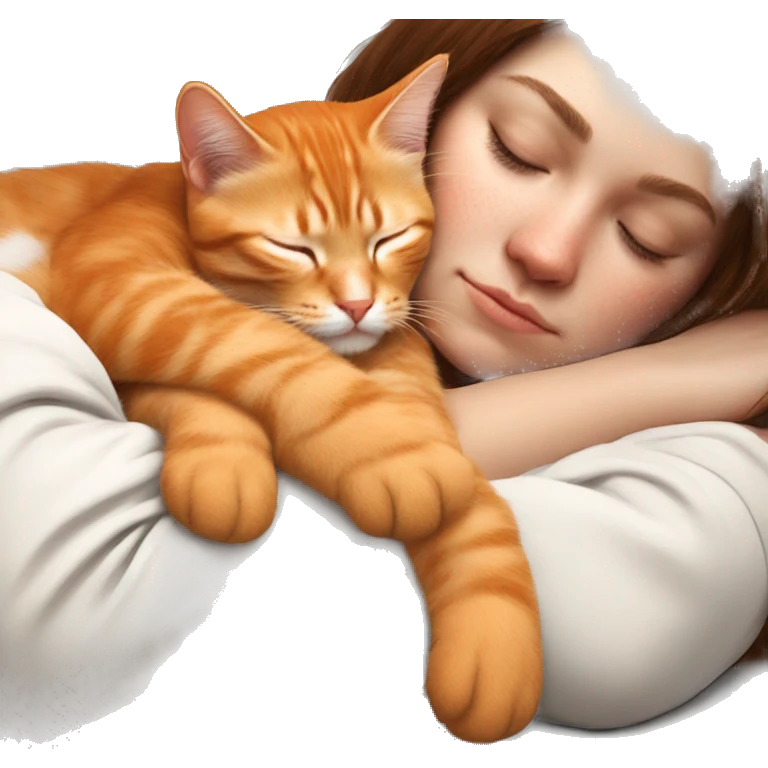 Orange kitty sleeping on brown brunette white girl's arms emoji