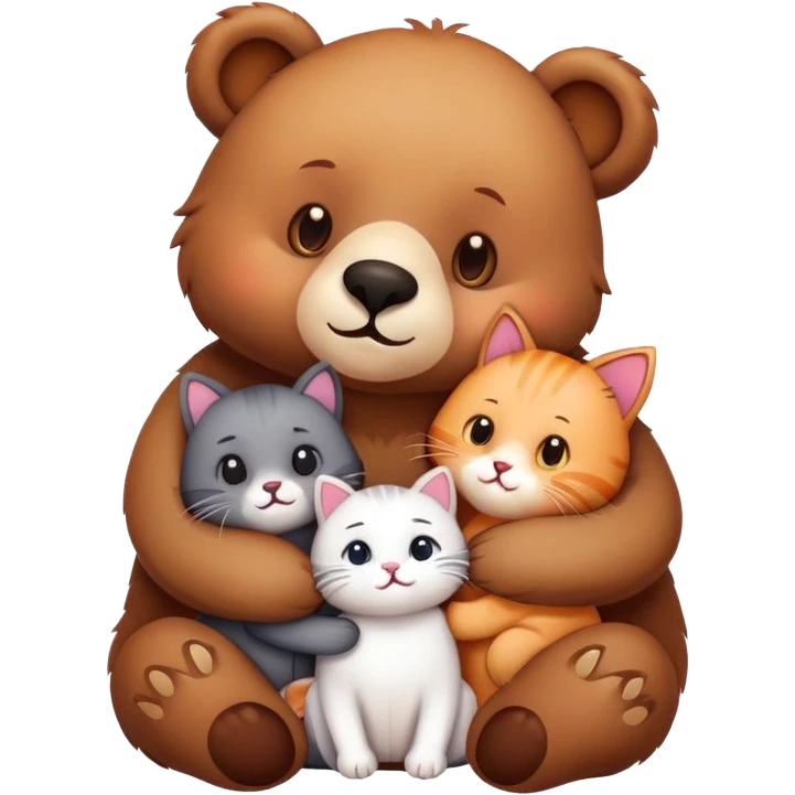 a bear and a kitty showing affection, surrounded by their two cats, cute emoji style emoji
