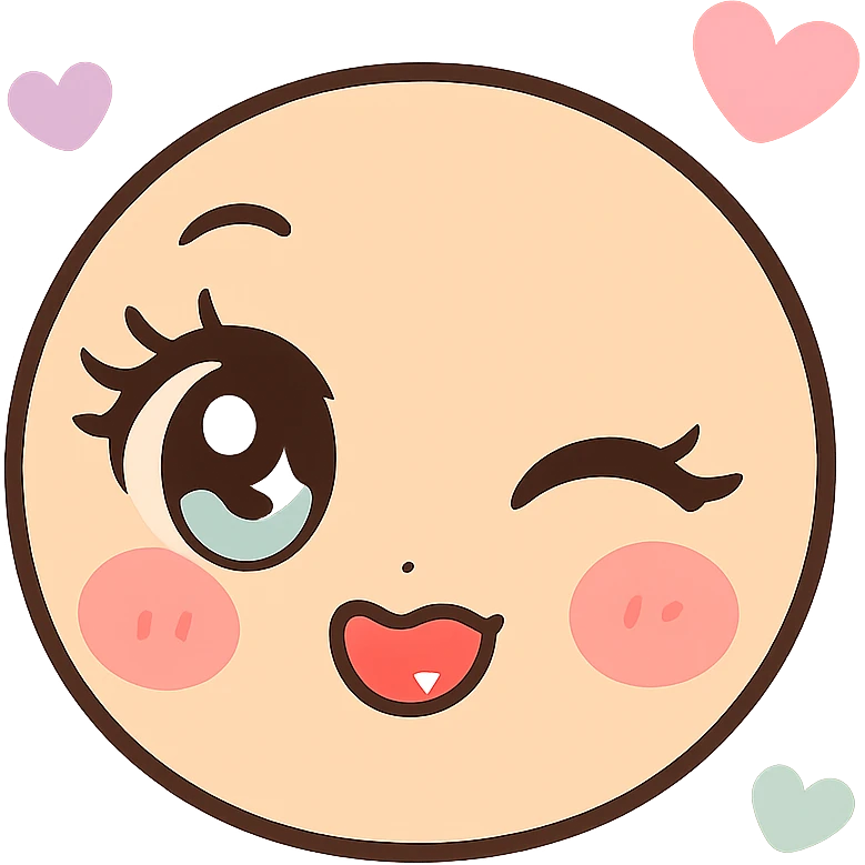 kawaii manga emoji with large sparkling eyes, long eyelashes, seductive wink, red cheeks, glossy lips, pastel accents, soft shading, HD, 512x512 pixels, transparent background, cute and sexy expression emoji