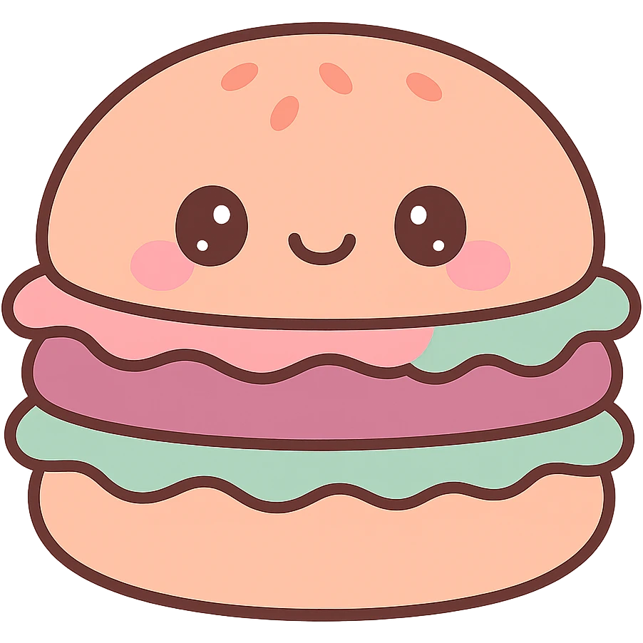 cartoon hamburger squishmallow, pastel colors, chubby and cuddly, soft plush texture, cute face emoji