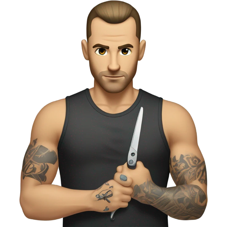 Caucasian barber with scissor, face, tattoo, and razor, sharp hairline with a ball fade emoji