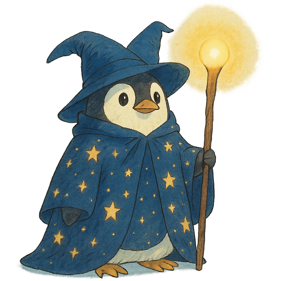 ghibli style penguin wizard with a starry cloak and glowing staff emoji