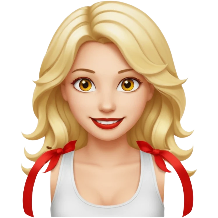 a woman with white tank top and smile, her hair is long wavy blonde hair, her face is baddie girl style, her eyes color are yellow and the color of her lip is soft red emoji