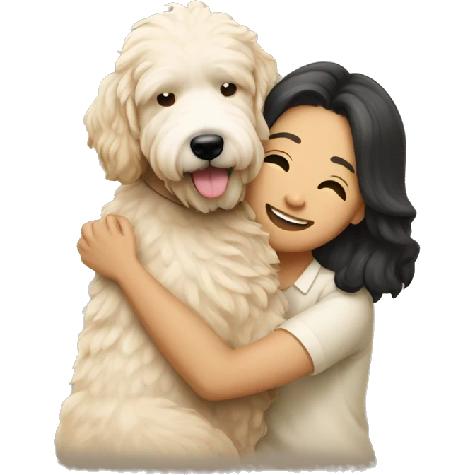 asian couple hugging with a cream goldendoodle emoji