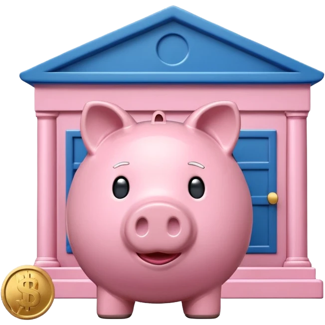 A clean emoji-style icon: A piggy bank with a coin, placed in front of a small bank building. The bank symbolizes company pension and financial security. Rounded forms, flat colors, minimal details like a standard emoji. emoji