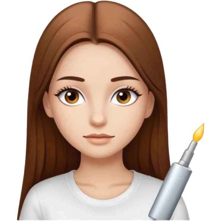 Chica de pelo liso ,largo clean look  y marrón con ojos color marrón  y una camiseta blanca y la piel blanca con pestañas y maquillada clean look  emoji
