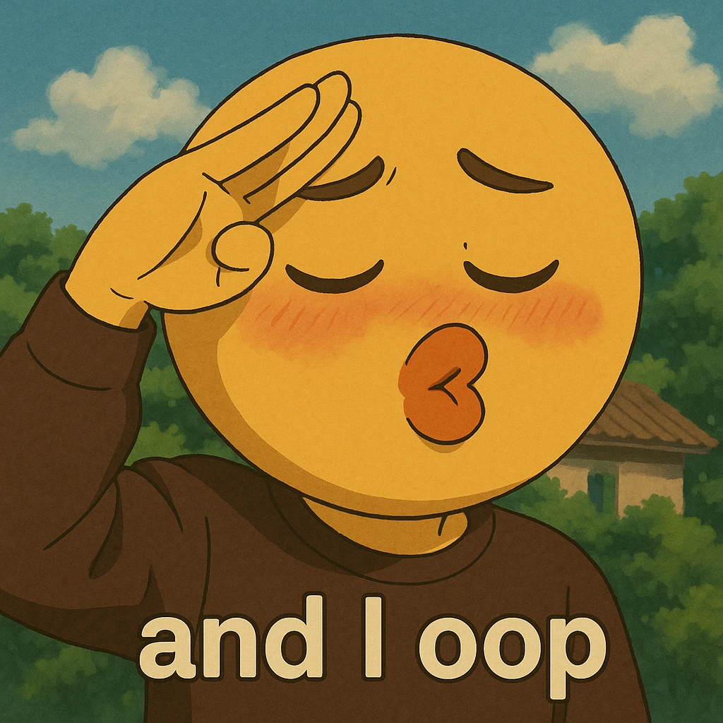 and I oop, slay energy, emoji with fingers to forehead like salute, "and i oop" meme, puckering lips, looking down, lowkey embarassed but still cool emoji