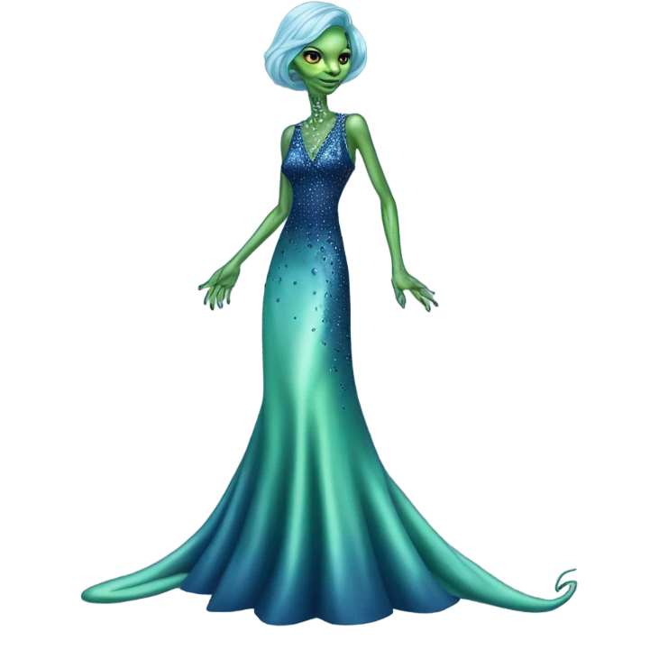 reptilian green alien woman, in long slim pastel blue formal party satin dress with gradient shiny sparkling navy blue diamonds embroidered, full body full figure emoji