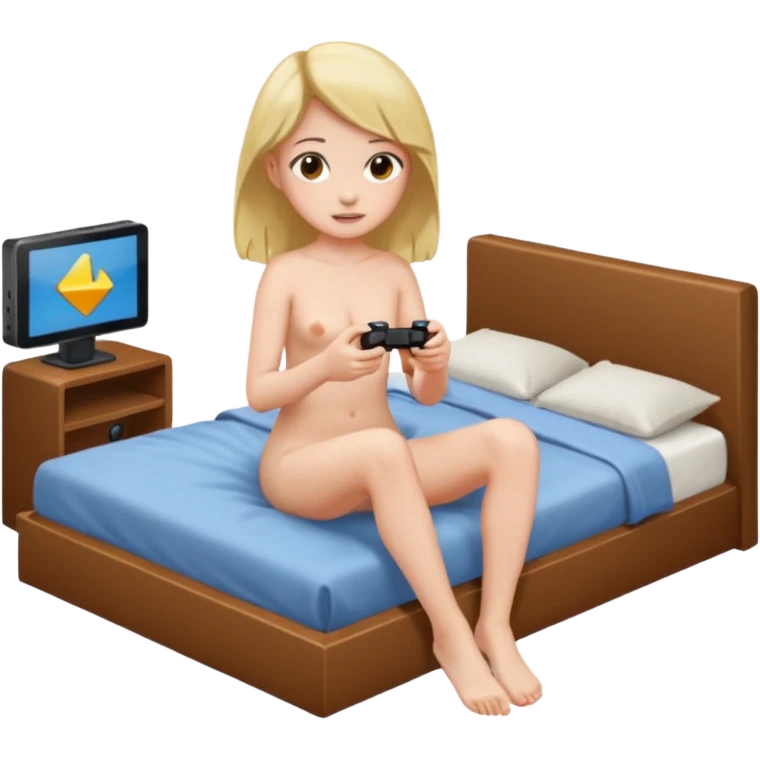 a girl, naked, sitting on her bed, playing a video game, shoes on emoji