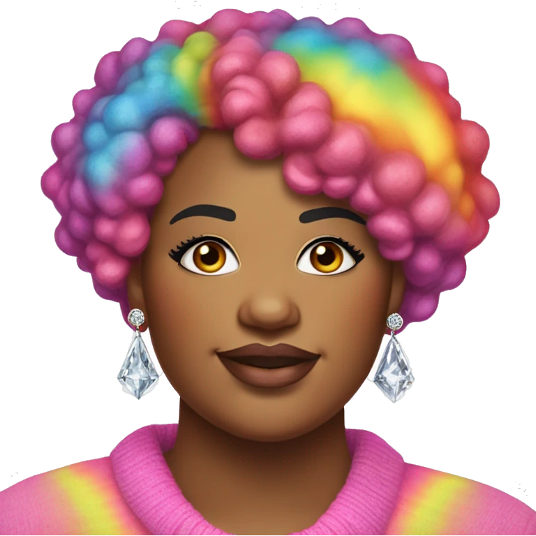 Large Plus size black woman with edgy pink curly pixie cut hair and a rainbow tie dye sweater , and diamond stud earrings  emoji