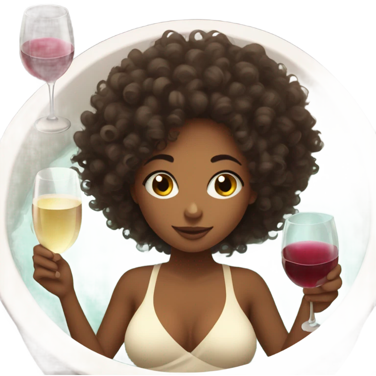 Curly hair Girl relaxing in spa with iPhone in hand and wine next to her emoji