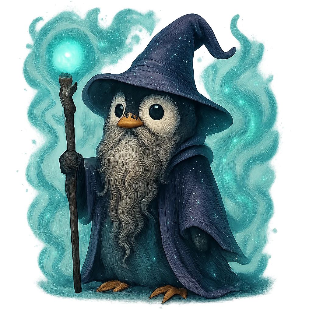 a penguin wizard with a long beard, mystical aura, enchanting style emoji
