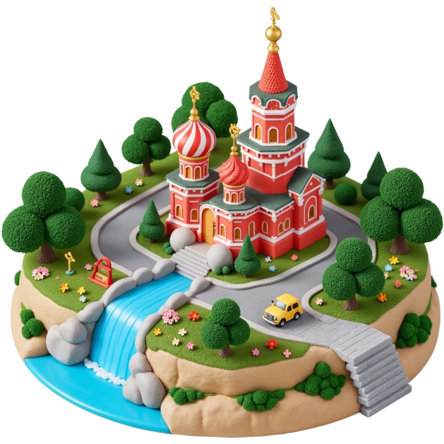 Isometric miniature 3D city with iconic landmarks of Moscow, colorful stylized buildings, cartoon realism emoji