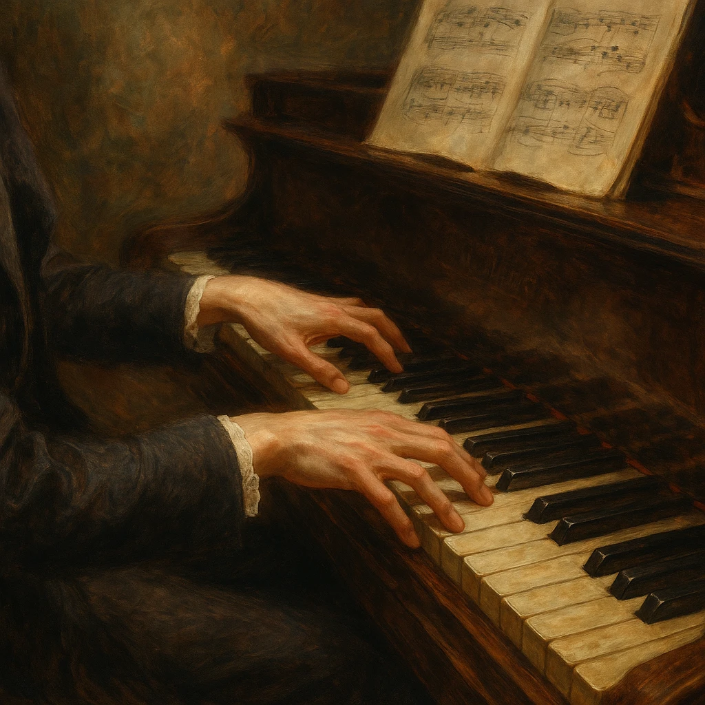 romantic period classical piano, close-up of keys and hands, passionate, flowing, historical, refined emoji