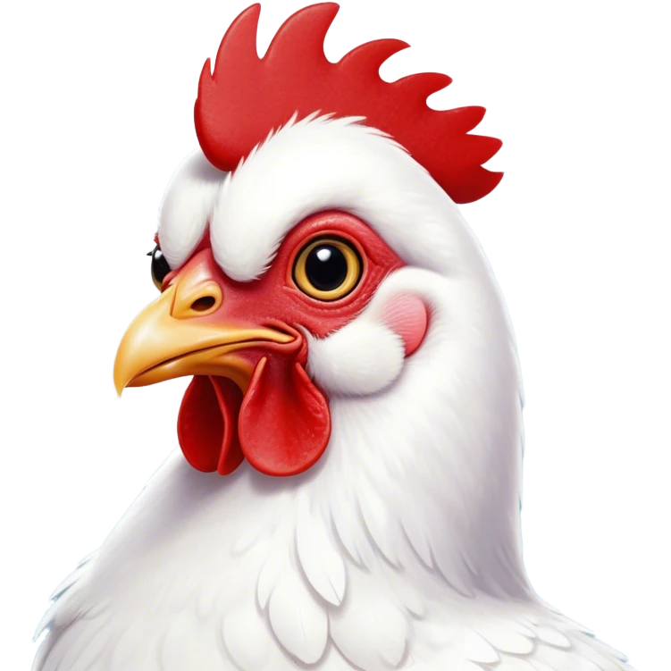 Cinematic Cute White Chicken Portrait Emoji, Head tilted playfully and inquisitively, featuring smooth, immaculate white feathers and a delicate red comb, round, sparkling beady eyes filled with curiosity, Simplified yet irresistibly adorable features, highly detailed, glowing with a warm, friendly glow, high shine, affectionate and lively, stylized with a touch of farmyard whimsy, bright and endearing, soft glowing outline, capturing the essence of a mischievous yet loving chicken, so playful it feels like it could peck out of the screen and into your arms! emoji