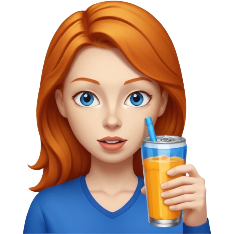 ginger woman sipping energy drink blue eyes emoji