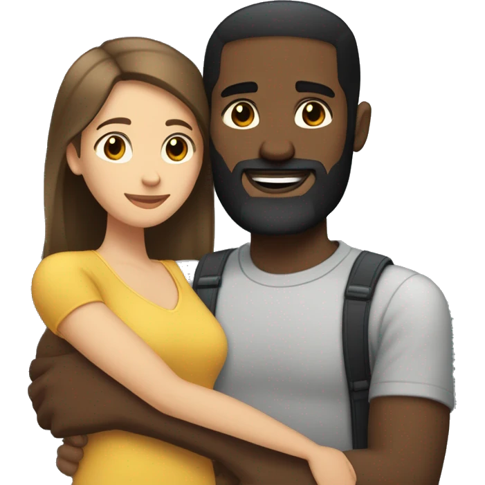 light skin woman with medium long straight brown hair hugging black man with very short dark hair and a long dark beard emoji