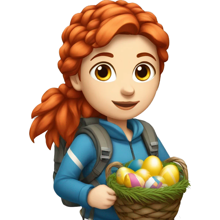 Female winter mountaineer red hair white skin climbing with Greek Flag and Easter eggs basket emoji