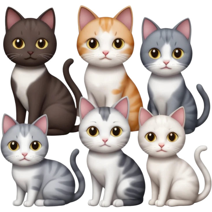4 different coloured short haired cats including; a dark brown and white cat, and a dark grey and white  emoji