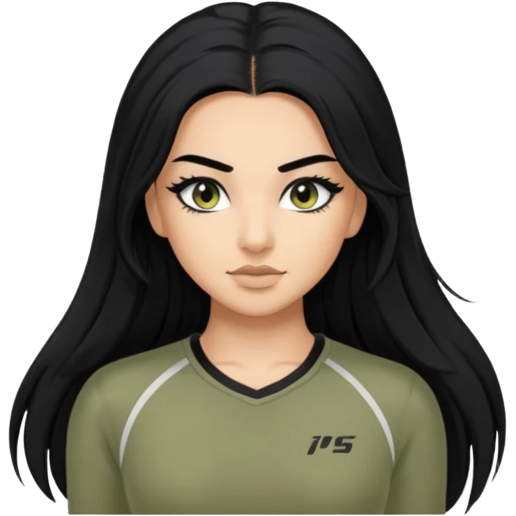 baddie, long hair, cute athletic clothes, very long lashes emoji