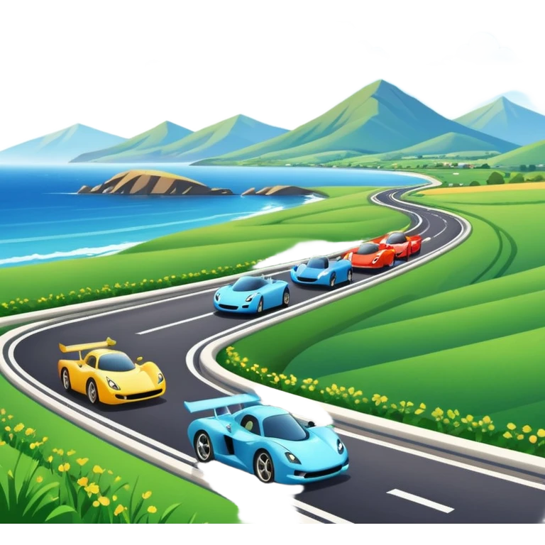 A busy coastal highway with cute fast-moving racing cars with active aero canards surrounded by green fields and distant mountains under a bright blue sky emoji