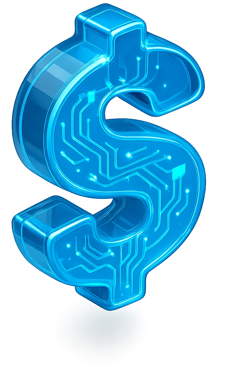 glossy circuit-themed dollar sign, blue glowing accents, transparent background emoji