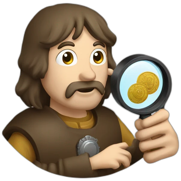 medieval coin collector, looking at a coin with a magnifying lense emoji