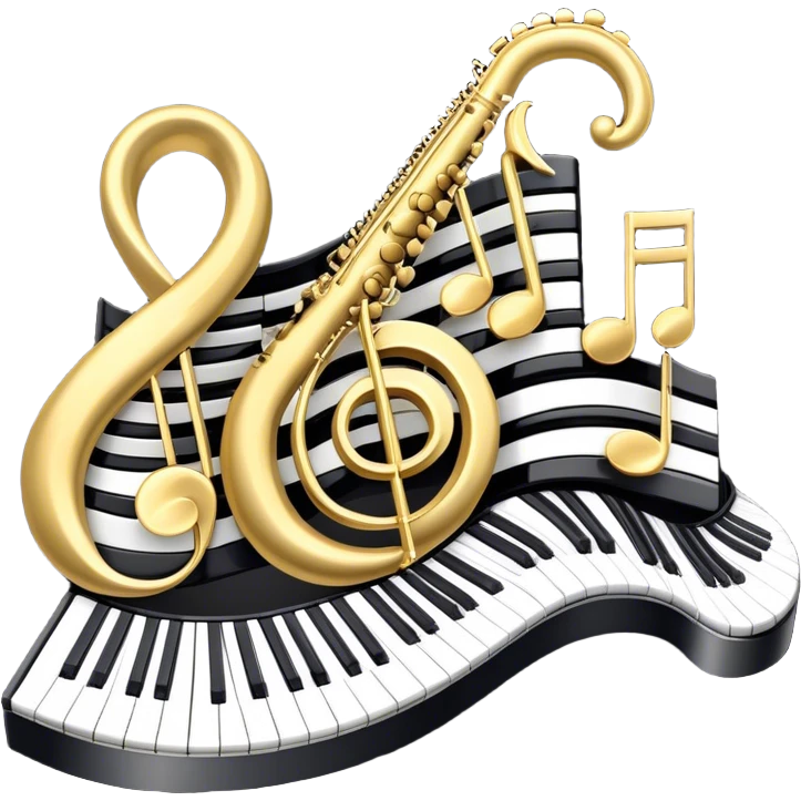 Create an elegant and festive emoji collage representing keyboard instruments, styled like a heraldic emblem. The design should feature a central focal point of black and white piano keys, arranged in a semi-circular or shield-like shape. Around the piano keys, add intertwining musical notes that form flowing ribbons, creating a dynamic and celebratory atmosphere. The design should be professional, with polished silver and gold accents on the keys and notes, highlighting the luxury and sophistication of the instruments. Add subtle shading and lighting effects to give the design a refined, 3D appearance. The background should remain transparent, and the overall feel should evoke grandeur, artistry, and a sense of celebration. emoji