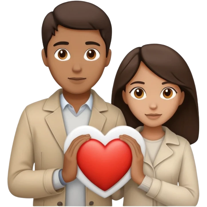A couple with dark brown hair and mixed skin tone inside a white heart, wearing beige clothes emoji