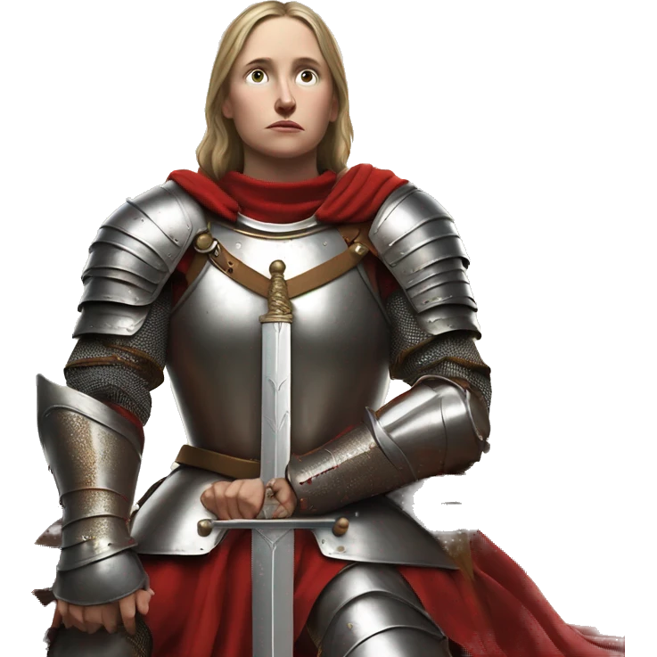 Joan of arc in medieval armor kneels, looking upward, with hands resting on a large sword. They're dressed in a red garment under the armor. emoji