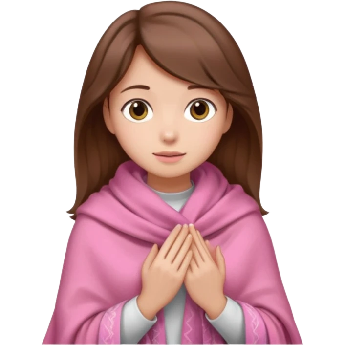 A girl with brown hair, wearing a pink shawl, has beautiful features and her hand rests on the shawl. emoji