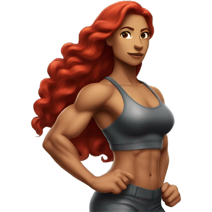 Very fit Latina with long red hair and and of steel flexing her muscles emoji