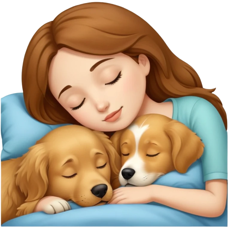 a girl with brown hair sleep with a golden retriever dog emoji