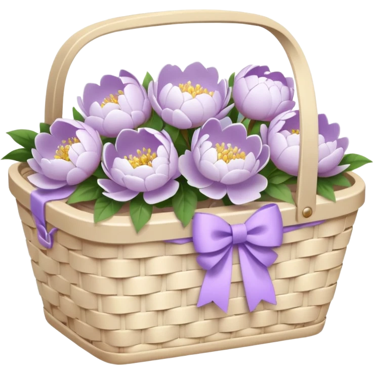 White Picnic basket with lilac bow and white peonies inside emoji