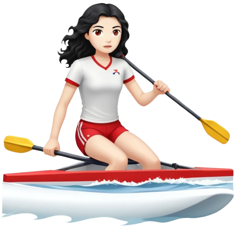 girl with long black wavy hair, white skin, wearing red shorts and white short-sleeve t-shirt, doing Olympic rowing in a long thin racing boat, facing fully right, slightly from a distance emoji