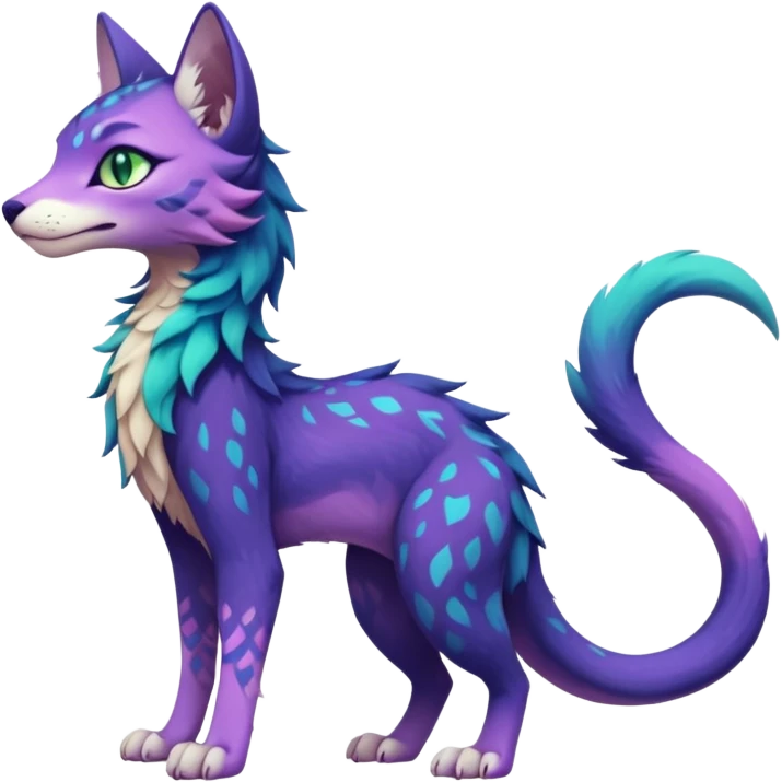 Kawaii dark blue indigo cyan purple violet pink beige white fantasy ethereal feline-vernid-sergal-fursona animal creature with a tufted tail full body with intricate markings, hazel-gold-green eyes emoji