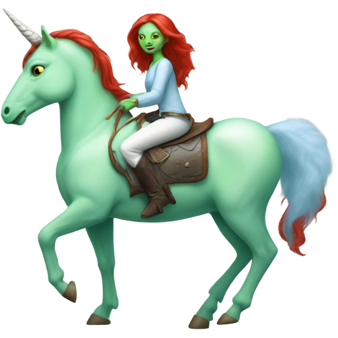 [politically incorrect
	{ woman: alien, color: light green, hair:red, eyes:cat} ]
	on a 
	[{ unicorn: white, legged:four, mane: light blue }] emoji