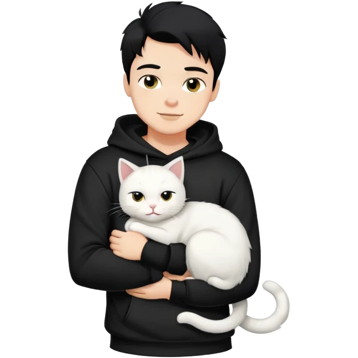 A bad boy with black hair wearing a sweatshirt happily hugs a white cat emoji