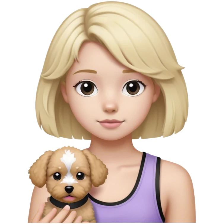 Blonde haired teenager wearing light purple tank topBlack and white and gray poochon dog  emoji