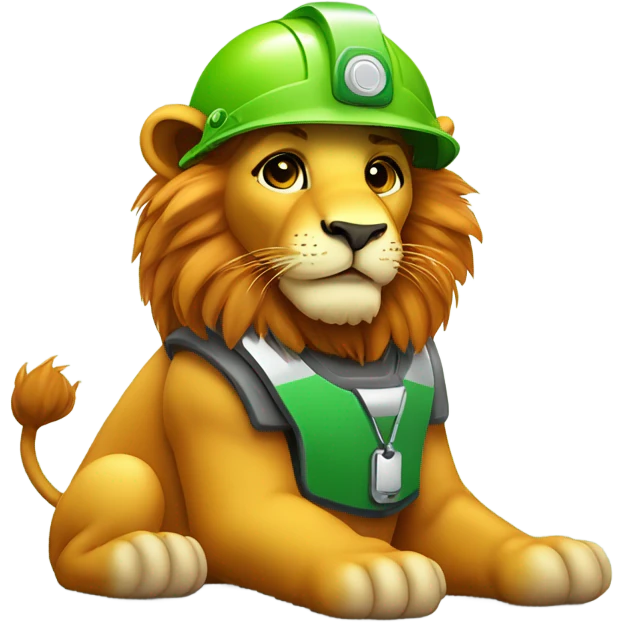 Cute Lion wear safety helmet as call center in green and orange theme  emoji