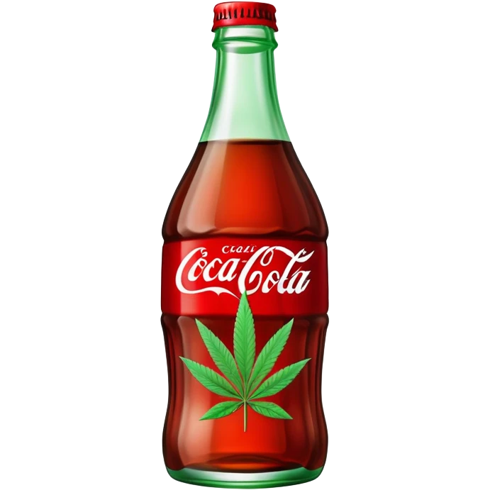 Classic Coca-Cola shaped glass bottle with curved contours, red color, with a cannabis leaf emoji