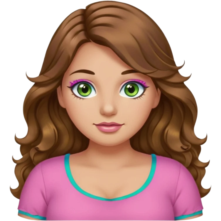 Girl girl long wavy brown hair, green/blue/gold eyes, plus size, pink girly top, eyelashes, tan skin emoji