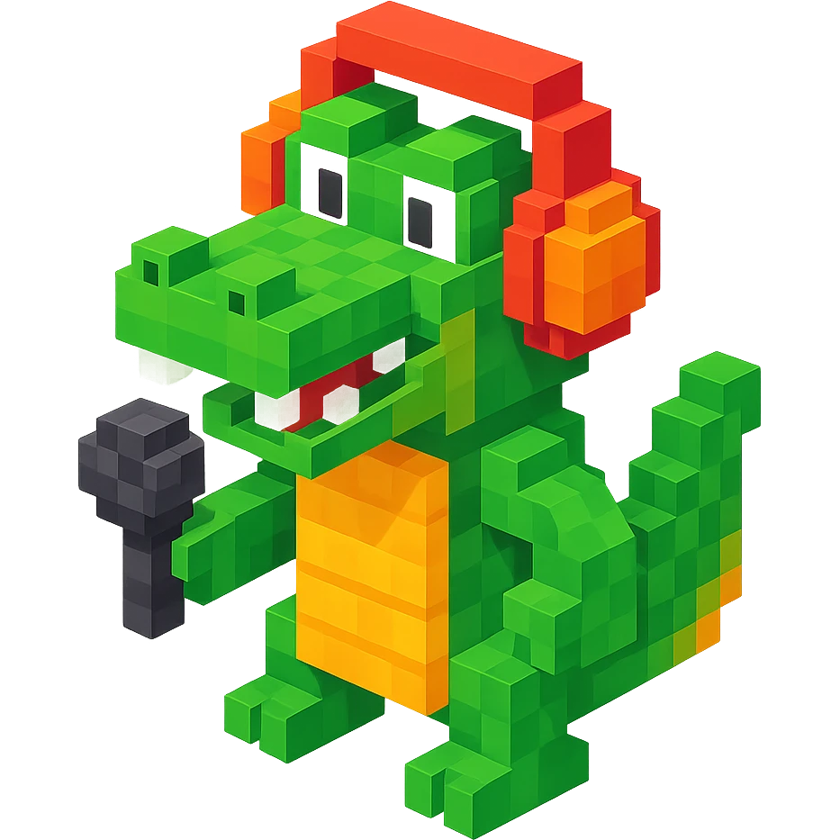crocodile with headphones holding a microphone, isometric view, voxel style emoji