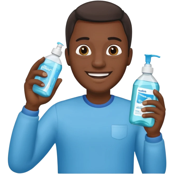 Apple-style emoji of a Black man holding a bottle of mouthwash and smiling emoji
