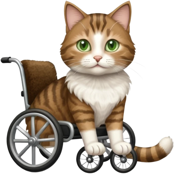 disabled brown tabby and white cat using cat wheelchair emoji