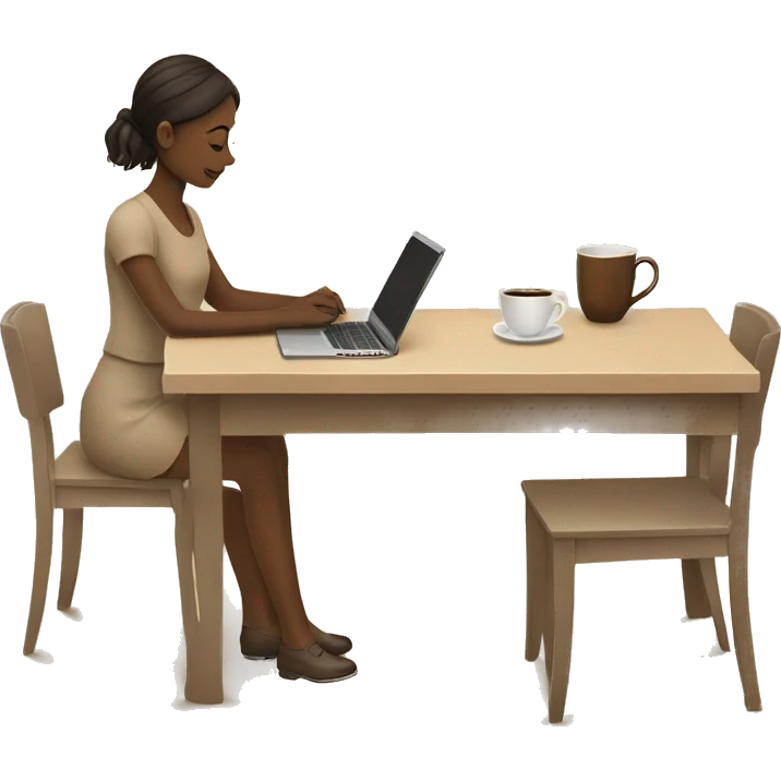 A girl at a table with a laptop. A a cup of coffee on the left side of the table. Books on the right side of the table. in beige tones emoji