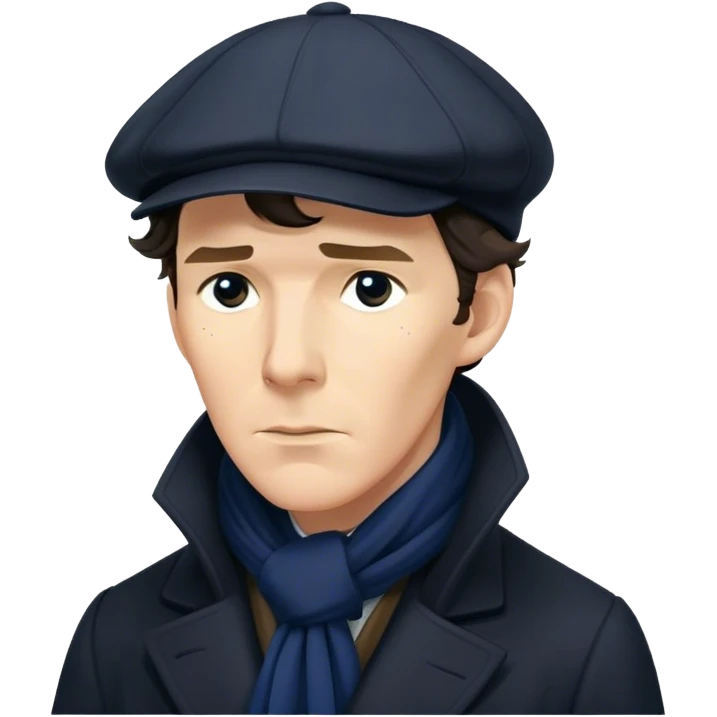 sherlock holmes benedict cumberbatch sad, wearing a deerstalker hat, Long dark coat, Dark suits, dark Blue scarf emoji